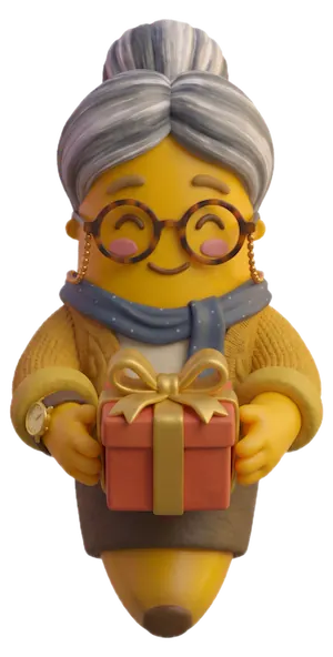 Nana, eezly’s grandma banana, holding out a gift box